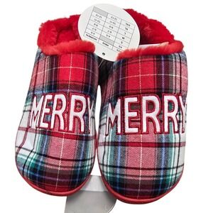 Holiday Lane Merry Red Plaid Faux Fur Slippers Mens 4-5 Womens 6-7 Small NEW